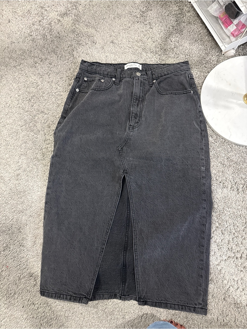 Abercrombie & Fitch Dark Gray Denim Midi Skirt with Front Slit - Picture 2 of 5